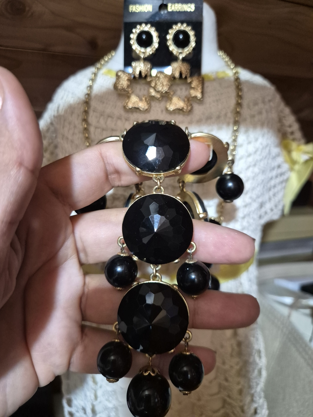 Talbots Black and Gold Statement Necklace and Earring Set